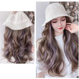 Wig Caps XUANGUANG Synthetic Hollow Visor Wig Brown Ombre Long Roll Hat with hair Extension Travel Fashion Wigs Womens Natural Wigs 231016