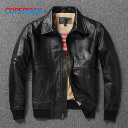 Men's Leather Faux Leather Mens Top layer Genuine Leather Jacket Military Pilot Jackets Air Force A2 Lapel Retro Rub Colour Tooling Short Large Coat 231016