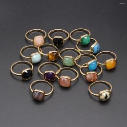 Cluster Rings Natural Stone Square Plating Gold Colour Sun Amethyst Opening For Women Fashion Jewerly Gift 20mm