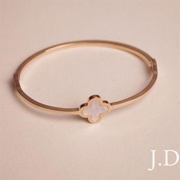 Fashion white shell clover flower women bracelet 316L stainless steel brand lucky four-leaf cuff bangle for Valentine Day gift263r