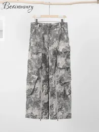 Women's Pants Vintage Tie Dye Print Cargo Women Autumn Big Pocket Patchwork Zipper Female Trouser 2023 Fashion Casual Lady