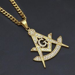 Pendant Necklaces Hip Hop Bling Iced Out Rhinestones Gold Stainless Steel Masonic masonry Necklace For Men Rapper Jewelry185b