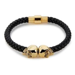 Sell Mens Black Genuine Leather Braided Skull Bracelets Men Women Stainless Steel Gold North Skull Bangle Fashion Jewelry285U