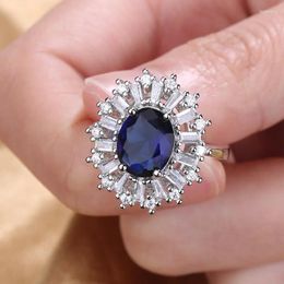 Wedding Rings Bohemian Royal Blue Stone Big Flower Cocktail For Women Silver Colour Luxury Oval Zircon Bands Engagement Jewellery