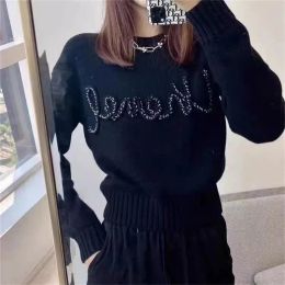 2023 Letter Embroidery Handmade Beaded Pearl Inlaid Elegant Round Neck Loose Short Knitted Sweater Women