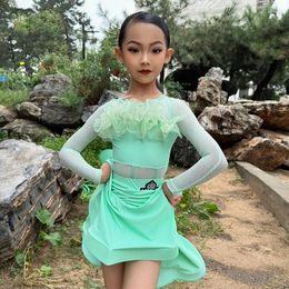 Stage Wear Mint Green Latin Dance Costume Girls ChaCha Dancing Clothes Long Sleeve Performance Suit Rumba Samba Practise Dancewear DL11010