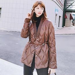 Women's Trench Coats Women Elegant Down Jacket 2023 Korean Fashion V-Neck Cotton Ladies Slim Bandage Lightweight Parkas Warm Coat