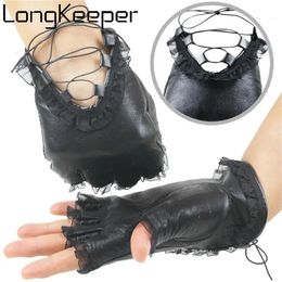 Five Fingers Gloves Women Black Half Finger Genuine Leather Gloves Sexy Lace Fingerless Glove Girls Fashion Mittens Ladies Dance Luvas 231016