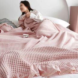 Blankets 100% Cotton Soft Bed Plaid Home Japenese Knitted Blanket Corn Grain Waffle Embossed Summer Ruffles Warm Plaid Throw Bedspread 231017