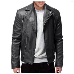 Men's Jackets Slim Black Chain Decoration Motorcycle Bomber Leather Jacket Men Autumn Turn-down Collar Fit Male Coats