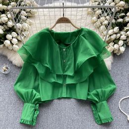 Women's Blouses Women Blusa Mujer O-neck Solid Ruffles Single Breasted Button Blouse Top For 2023 Gauze Camisas Korean Style Drop