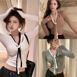 Women's Sweaters Autumn V-neck Long Sleeve T-shirt Women Sexy Tight Slim Lace Up Cropped Top