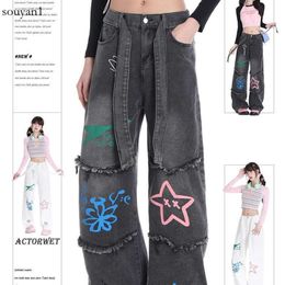 Jeans a gamba dritta Actorwet da donna nella primavera/estate 2023, con vita alta e jeans stampati stile cuciture sul corpo a forma di pera