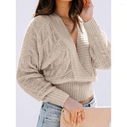 Women's Sweaters Autumn And Winter V Neck Long Sleeve Flare Sleeved Short Loose Open Navel Knitted Sweater