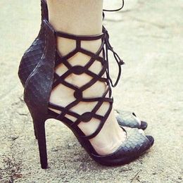 Sandals Women Shoes Lace-up Gladiator High Heels Cross-tied Hollow Pumps Peep Toe Snakeskin Sexy Party Sandalias