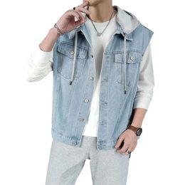 Men's Vests Stylish Cool Men's Denim Vest Loose Fit With Hood Street Hoodie Retro Waistcoat Sleeveless Jeans Jacket For Men 231017