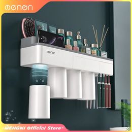 Toothbrush Holders MENGNI-Magnetic Adsorption Inverted Toothbrush Holder Automatic Toothpaste Dispenser Storage Rack Bathroom Accessories Sets 231013