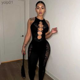 Women's Jumpsuits Rompers Women's Jumpsuit Black Knitted Long Overalls Bodysuit Women One Piece See Through Jumpsuits Vintage Clothing Fe Rave OutfitL231017