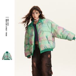 Vintage Winter Green Jacket Parka Streetwear Hip Hop Tie Dye Thick Warm Coats 2023 Men Harajuku Fashion Zipper Bubble Parkas Y2K