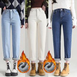 Women's Jeans Winter Women Thermal Harem Straight Snow Warm Plush Stretch Vintage White Blue Streetwear Pants Loose Trousers