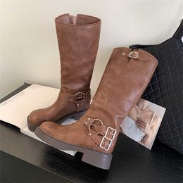 Women Spring autumn Metal Decoration Round Head Thick Sole Motorcycle Boots 2024 New Faux Suede Mid Calf Long Punk 230922