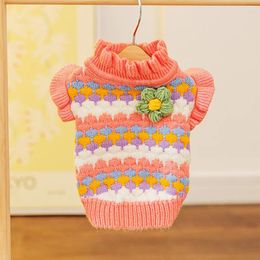 Dog Apparel Pink Flower Pet Knit Winter Sweater 3D Stripe Warm Pullover Teddy Beautiful Two Legged Clothing Casual