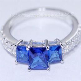 Fashion Jewellery Size 5 6 7 8 9 10 3ct Brand 10kt white gold filled blue sapphire topaz Three-stones Wedding Women Ring for love gi269N