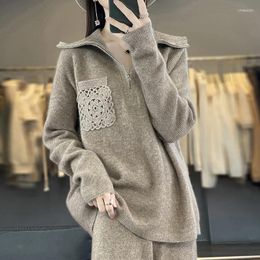 Women's Sweaters Autumn And Winter Pure Cashmere Large Lapel Zipper Handmade Embroidery Versatile Style Sweater With Po