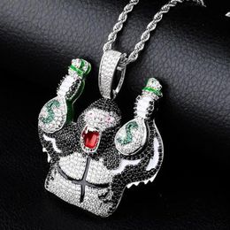 Gold Plated Bling Colourful Cartoon Gorilla Holding Money Bag Cubic Zirconia Big Pendant Necklace Masculina Bijoux Hip Hop Jewellery 253r