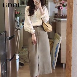 Work Dresses Spring Autumn Women's Elegant Fashion Lace Patchwork White Shirt Bodycon Skirts Set Female Long Sleeve Blouse Slit Skirt Suit