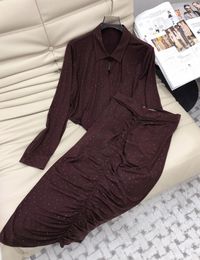 Work Dresses 2023 Women's Fashion Suit Diamond Lapel Cross Strap Knitted Top High Waist Pleated Skirt 2-piece Set 0926