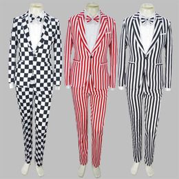 Men Sets Bebes Black White Plaid Coat Pants Bow Tie 3pcs Male Singer Suit Clown Costume Magic Stage Show Theme Striped 4XL Suit X0274i