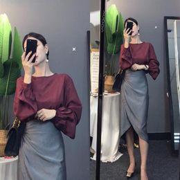 Work Dresses Women Elegant Clothing Set Skirt Loose Long Lantern Sleeve Blouse Tops And Ruffles Irregular Cut Sexy Skirts Suits NS2570