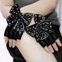 Fingerless Gloves Fashion Female Half Finger Punk Rivet Dance Gloves Women Sport Fitness PU Leather Bow Mittens Luva Tactical Fingerless Glove S83L231017