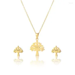 Necklace Earrings Set 10set/lot Stainless Steel Gold Colour Tree Of Life Pendant Chain Stud Earring For Women Fashion Jewellery Wholesale