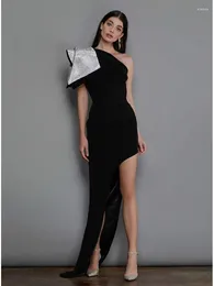 Casual Dresses Sexy One Shoulder Bow Tie Bandage Dress Women Black Diagonal Collar Sleeveless Split Long Bodycon Party Club Elegant