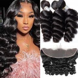Synthetic Wigs Human Hair Loose Wave Bundles With Closure Brazilian Remy Human Hair 34 Bundles With Swiss Lace Frontals Natural Black 231016