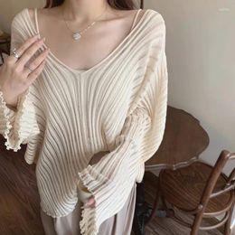 Women's Blouses 2023 Autumn Knit Blouse Women Y2k V Neck Loose Casual Shirts Sweet Solid Office Ladies Tops Elegant Clothes Jumpers 29126