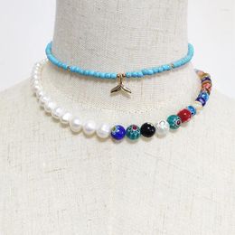 Choker Handmade Beaded Necklace Natural Freshwater Pearl Colourful Pattern Beads Stitching Trendy Charm Gift For Girls