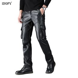 Men's Pants Idopy Men's Faux Leather Cargo Pants Military Style Multi Pockets Elastic Waist Army Tactical PU Soft Leather Trousers Plus Size 231013
