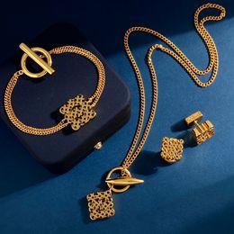 New Designed Hollowed Out Three-Dimensional Square Pendant Necklace Asymmetric Ear Studs Earring OT Buckle Bracelet Geometric Ring Brooch Jewelry LOS2