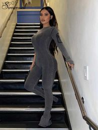 Women's Jumpsuits Rompers Simenual Fall One Shoulder Jumpsuit Women Retro Grey Zipper Patchwork Slim Overalls Cut Out Legs Causal Comting Laides CatsuitL231017