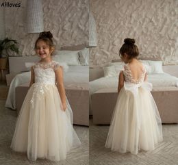 Fairy Tulle A Line Flower Girl Dresses O-Neck Backless Lace Wedding Occasion Party Gowns For Kids With Bow Little Girls Infant First Communion Birthday Dress CL2779