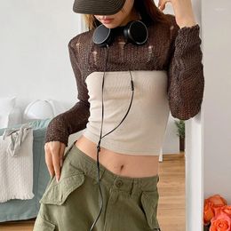 Women's Sweaters Street Style Fashion Woolen Tattered Ultra Short Sweater 2023 Round Neck Slim Fitting Design American Long Sleeved Crop Top