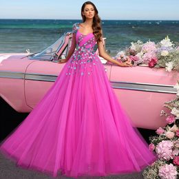 Fuchsia Beaded Prom Dresses One Shoulder Long Sleeve Evening Gowns Sequined Pleated A Line Tulle Special Occasion Formal Wear