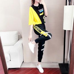 Women's Two Piece Pants Sports Suit Set Spring Summer Loose Skinny Fashion Casual Wear Short Sleeve O-collar Top And Outfits