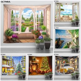Tapestries Imitation Window Landscape Tapestry Wall Hanging Park Flower Tree Ocean Printing Art Home Decor Christmas Scenery Wall Tapestry 231017