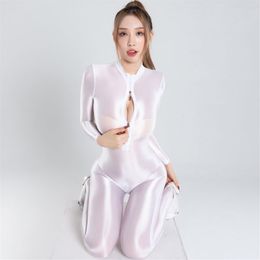 Smooth Allure Bodycon Rompers Elastic Oily Glossy Tights Zipper Open Crotch Full Body Jumpsuits Sexy See Through Bodysuits Women 2240w