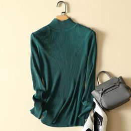 Women's Sweaters Mock Neck Green Knitted Women Sweater Pullovers Autumn Design 2023 Elastic Elegant Office Lady Pulls Outwear Tops