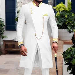 Men's Suits African Suit For Men With Stand Collar Long Embroidery 2 Pcs Slim Fit Formal Wedding Tuxedo Groom 2024 (Jackets Pants)